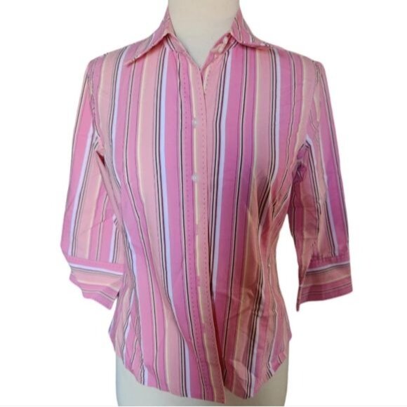 Pursuits, Ltd. Size 4 Pink Yellow Striped Business Casual Button Down Shirt - Picture 1 of 4